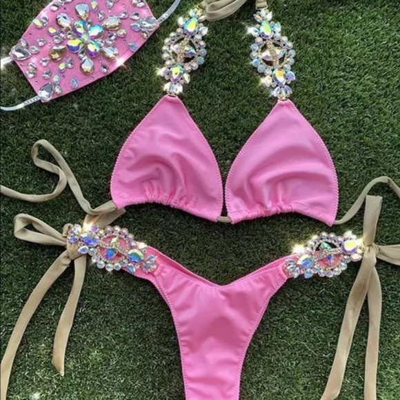 Custom Bling Bikini Modeled Small Pink Embellished Barbie Pink Sexy - Picture 6 of 8